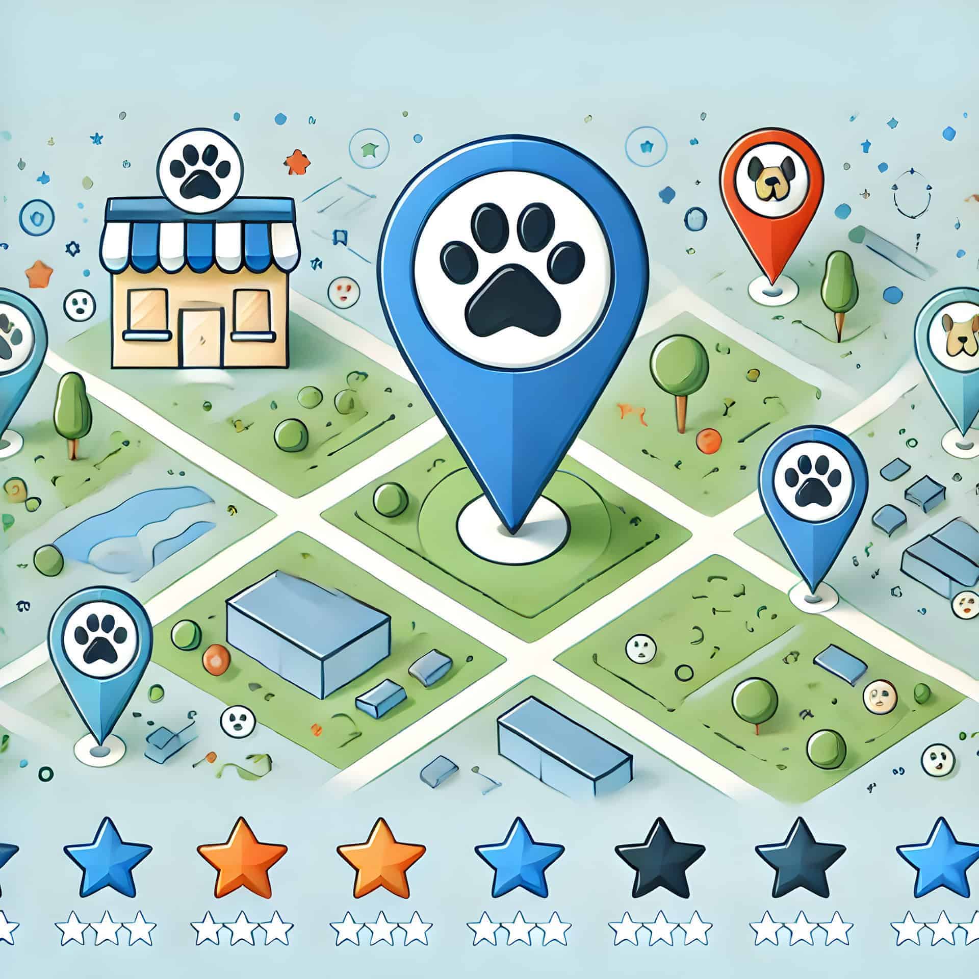 Une carte avec des points affichés avec des pattes de chiens. Représente "Attirer Plus de Clients Locaux" pour les entreprises animalières.
